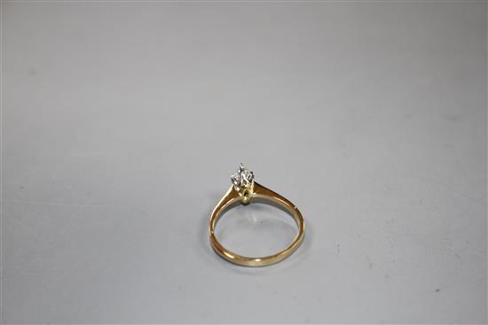 A 20th century Italian 18k yellow metal and marquise set solitaire diamond ring, size K, gross weight 1.8 grams.